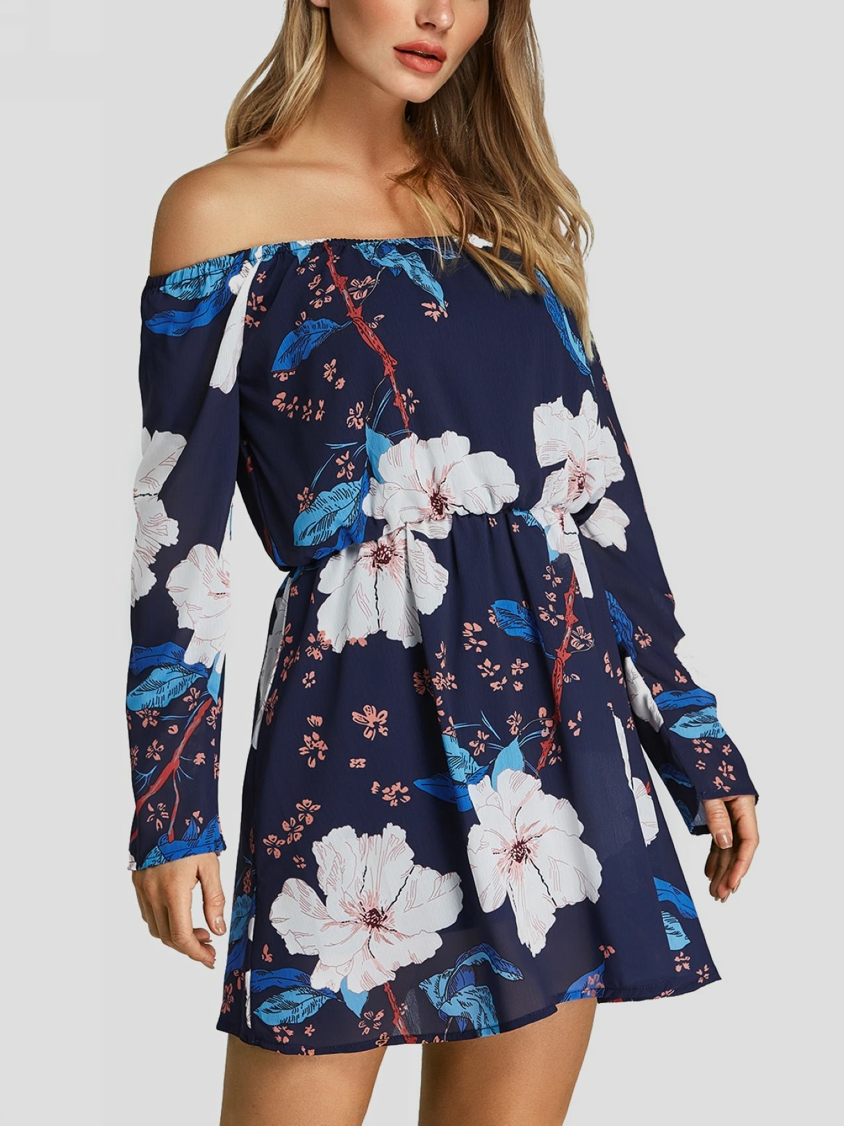 Navy Random Floral Print Off Shoulder Stretch Waistband Dress