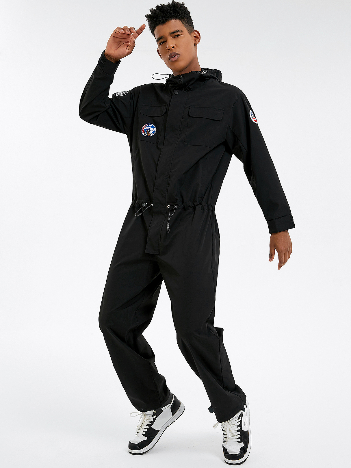 Men Hooded Flight Space Badge Design Long Sleeve Overalls Jumpsuit