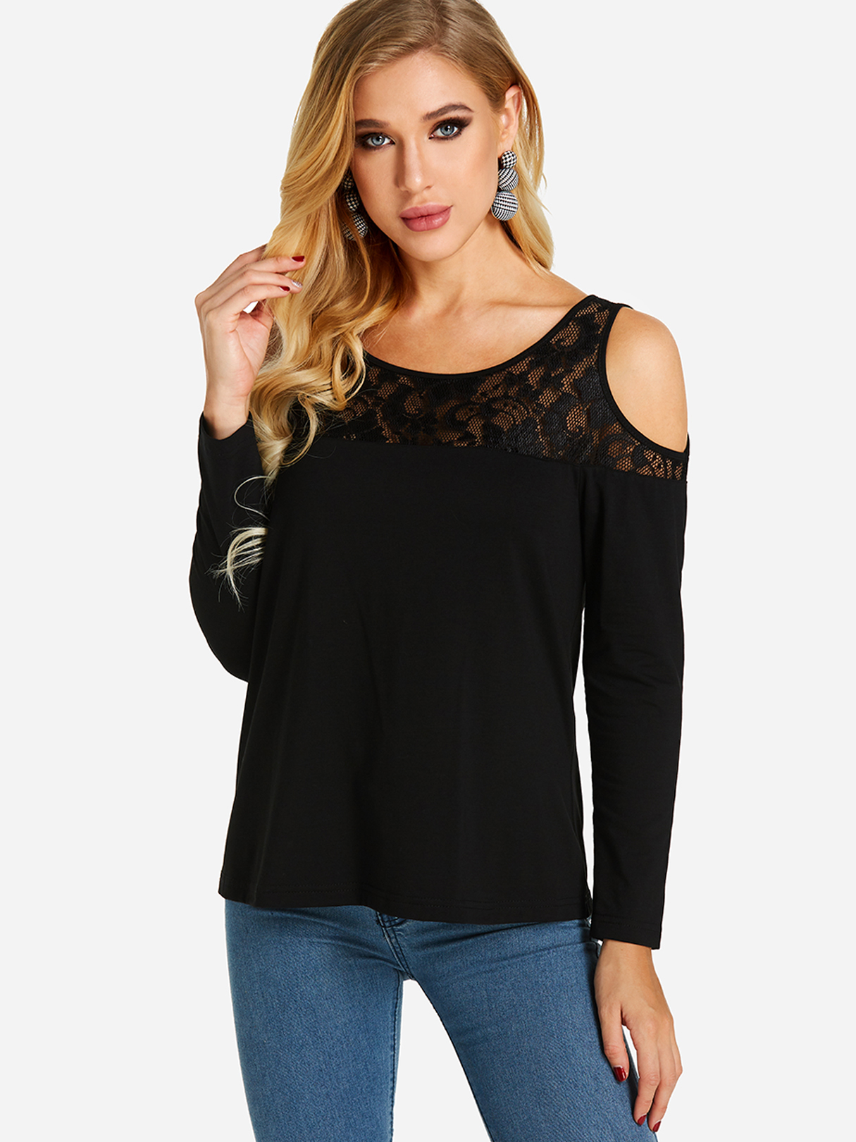 Black Lace Insert Cold Shoulder Long Sleeves T-shirt