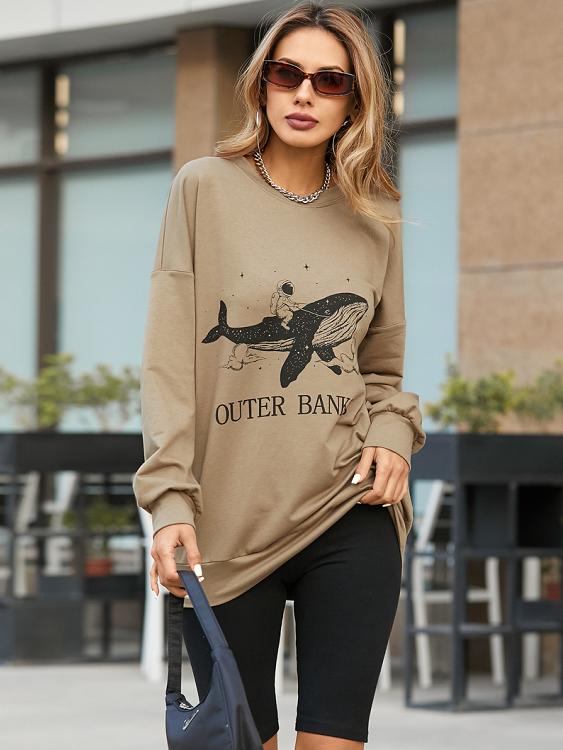 YOINS Khaki Shark Graphic Letter Crew Neck Long Sleeves Sweatshirt