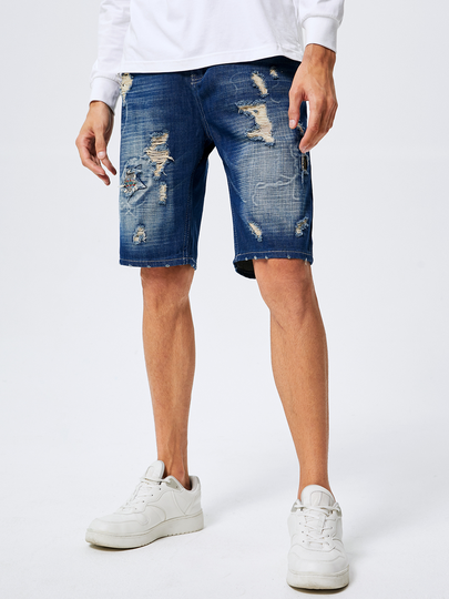 Men Fashion Plain Ripped Patch Design Badge Zipper Fly Shorts Jeans