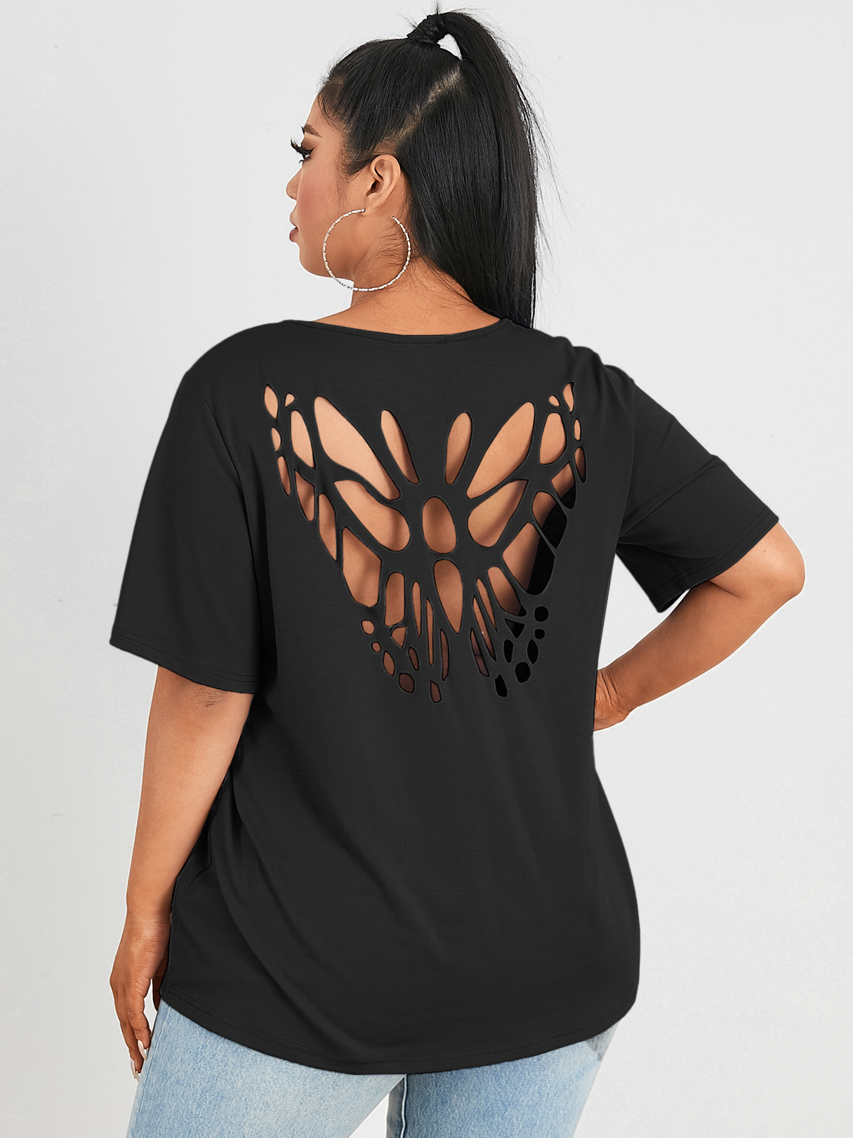 YOINS Plus Size Round Neck Hollow Design Half Sleeves Tee