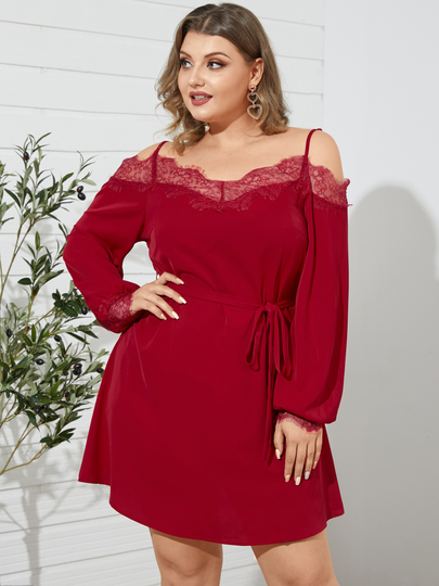 YOINS Plus Size Backless Design Belt Design Spaghetti Strap Lace Long Sleeves Mini Dress
