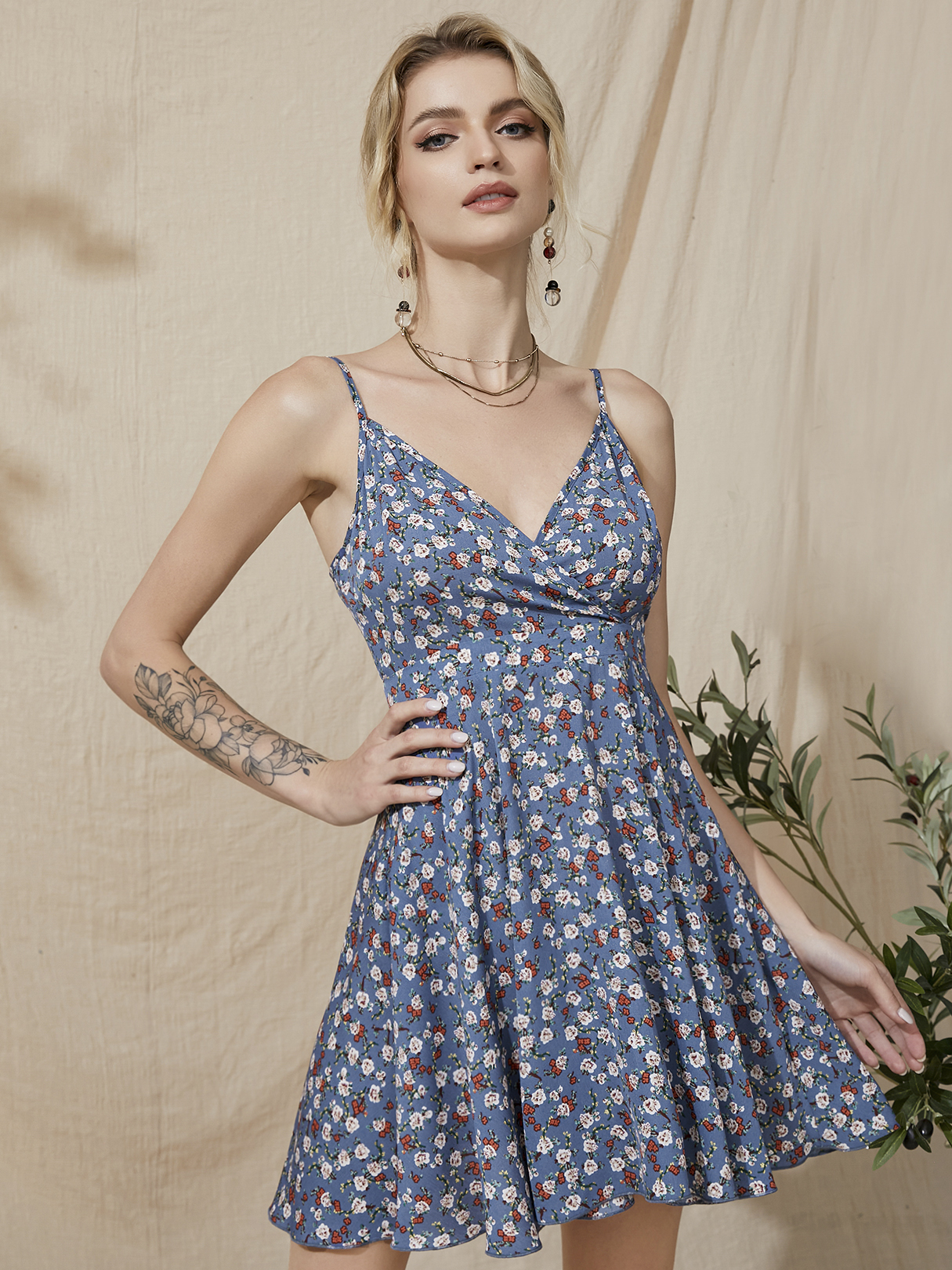 YOINS Blue Calico Spaghetti Strap Sleeveless Mini Dress