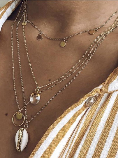 Gold Shell & Crystal Pendant Multi-layer Necklace