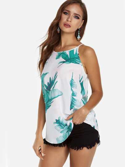 White Random Leaf Print Halter Sleeveless Summer Camis