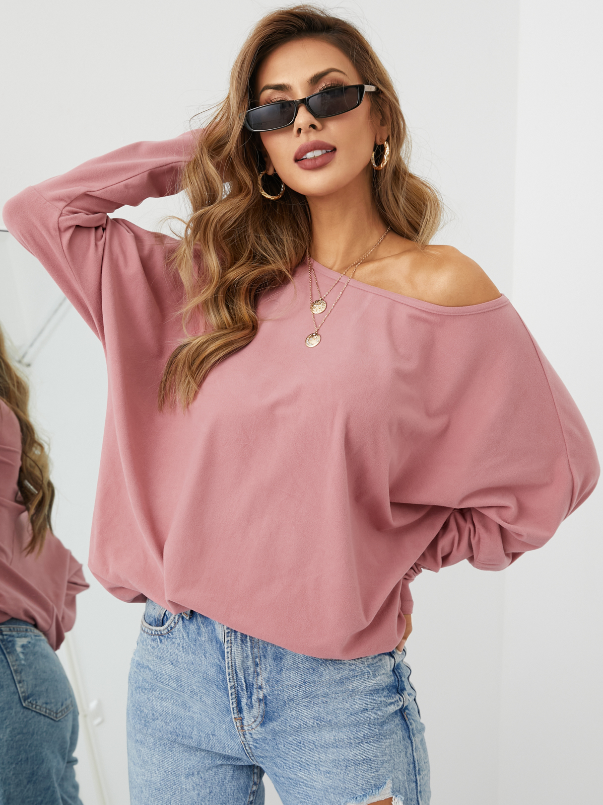 Round neck Long sleeves Dolman sleeve Top