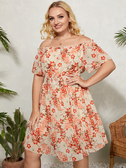 YOINS Plus Size Off The Shoulder Floral Print Shirring Short Sleeves Dress