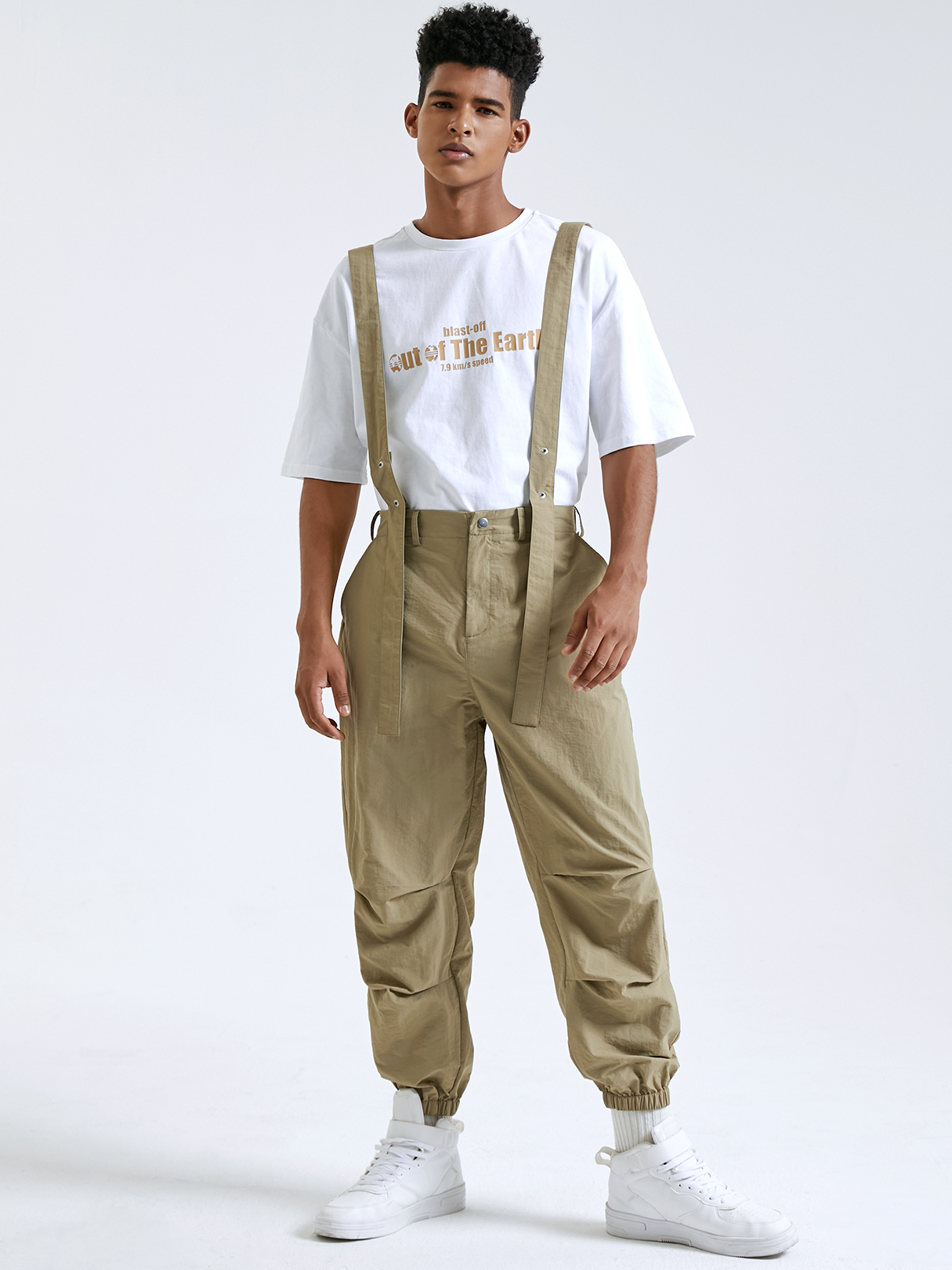 Men Fashion Casual Zip Front Suspender Cargo Pants