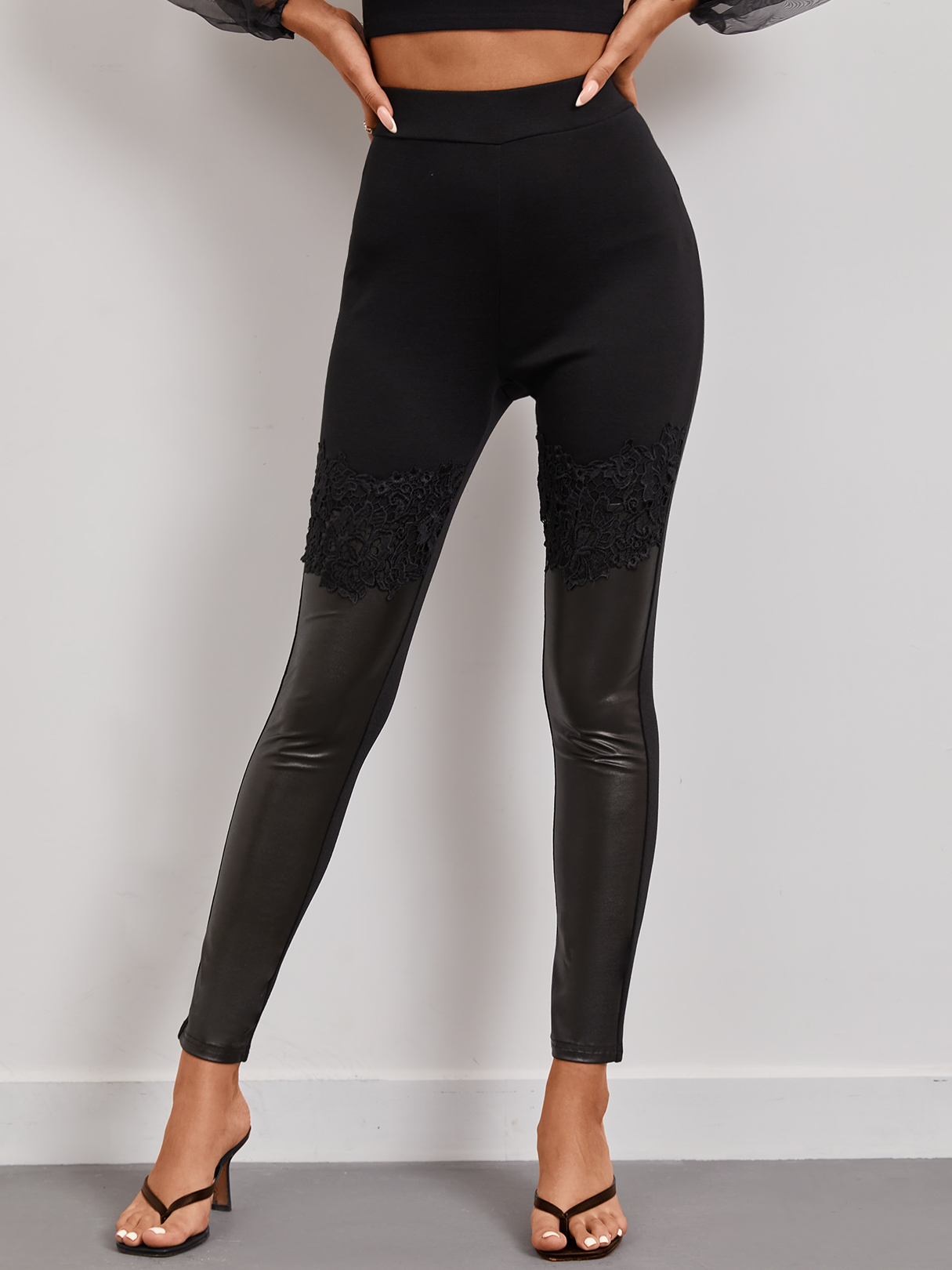 YOINS Black Lace Patchwork Faux Leather Leggings