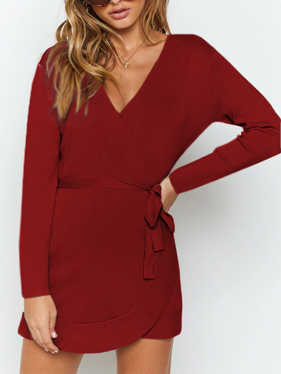 Yoins Burgundy Wrap design V neck Long sleeves Dress