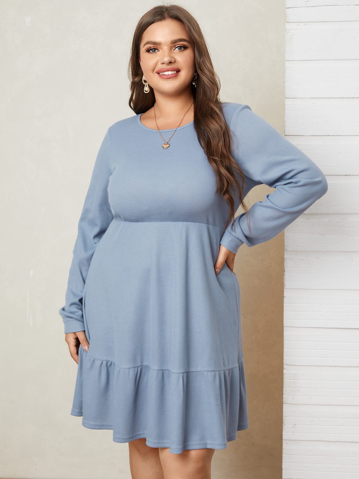 YOINS Plus Size V-neck Waffle Knit Long Sleeves Dress