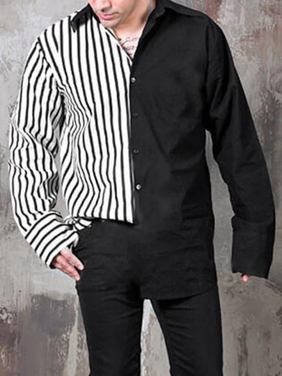 INCERUN Men Retro Black White Striped Patchwork Long Sleeve Shirt