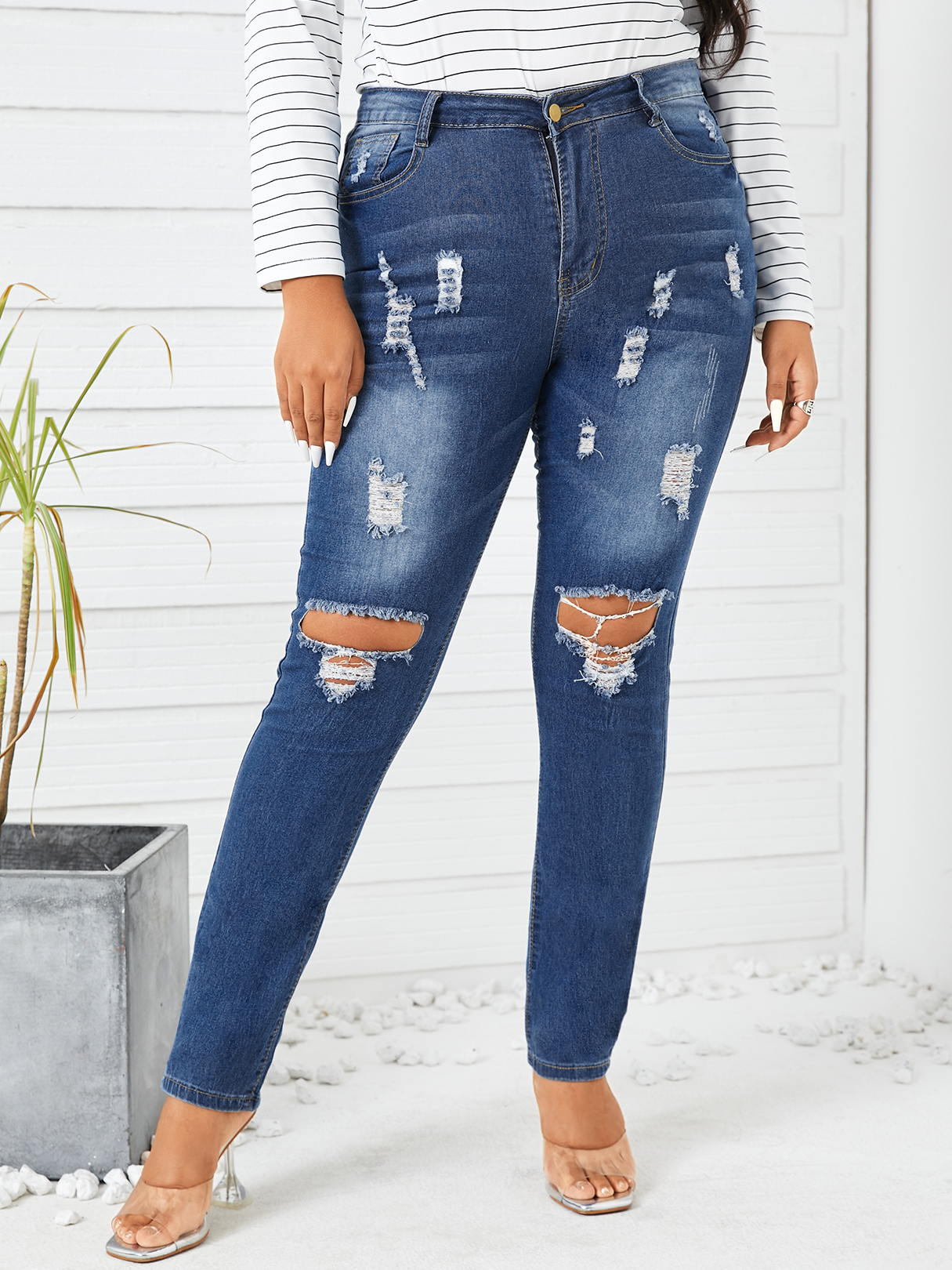 Plus Size Random Ripped Denim Pants