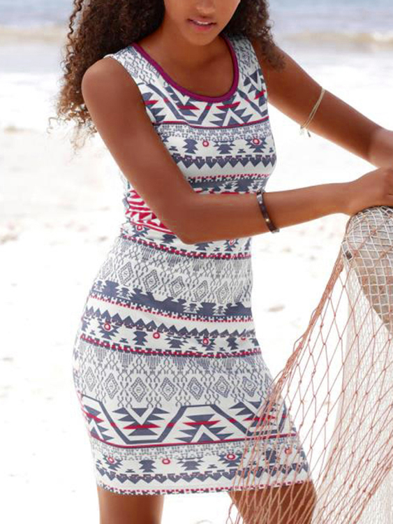 White Tribal Cut Out Design Round Neck Sleeveless Dress