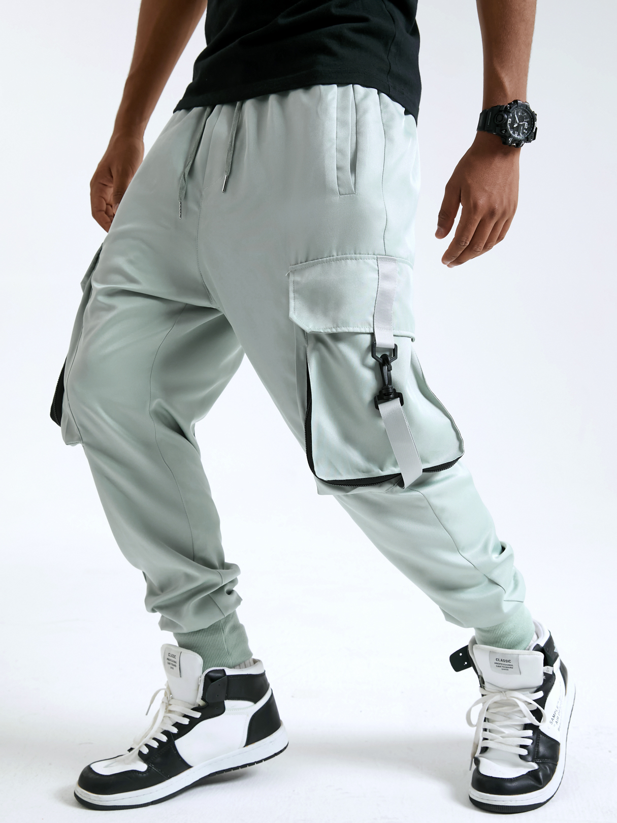 Men Fashion Plain Ribbon Design Big Pocket Drawstring Cargo Pants
