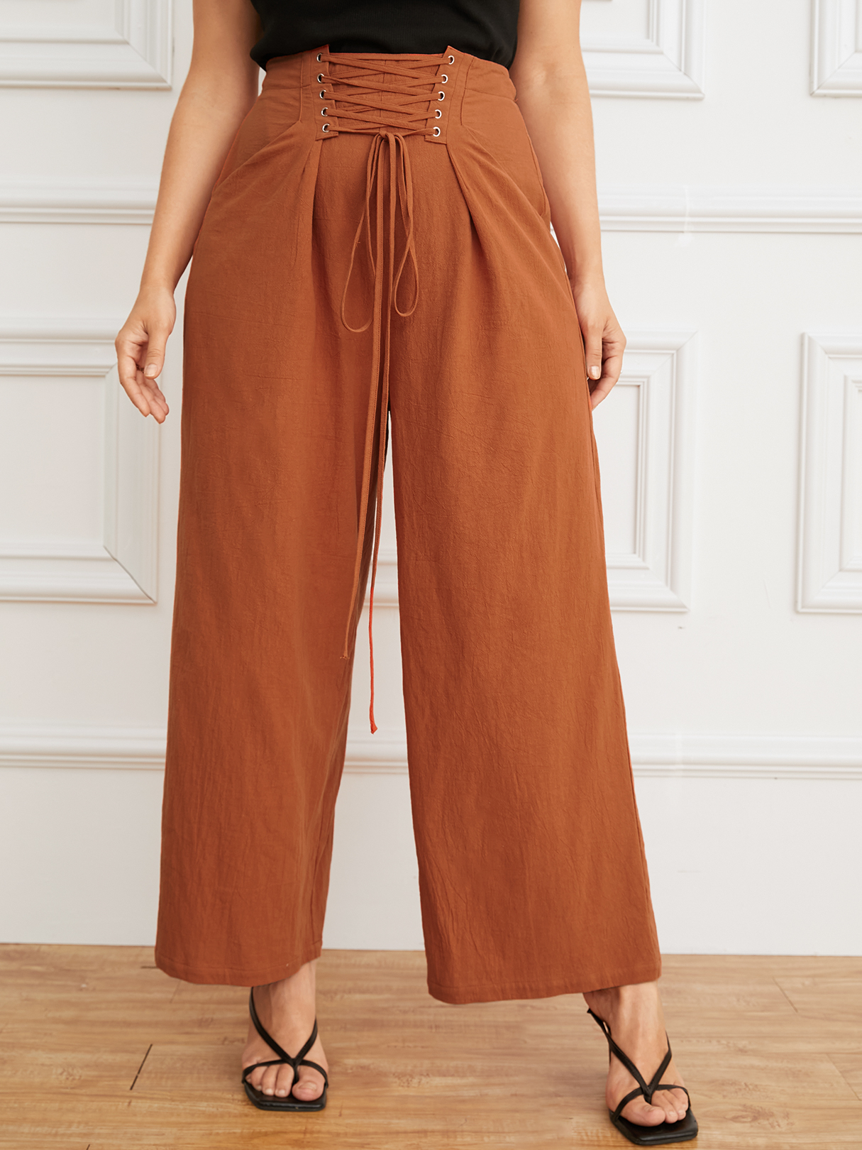 YOINS Plus Size Side Pocket Lace-Up Design Wide Leg Pants