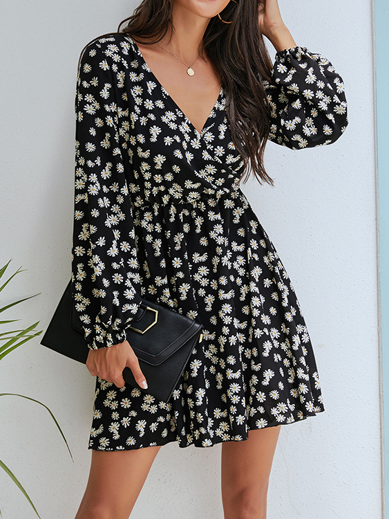 Calico Wrap Design Long Sleeves Dress