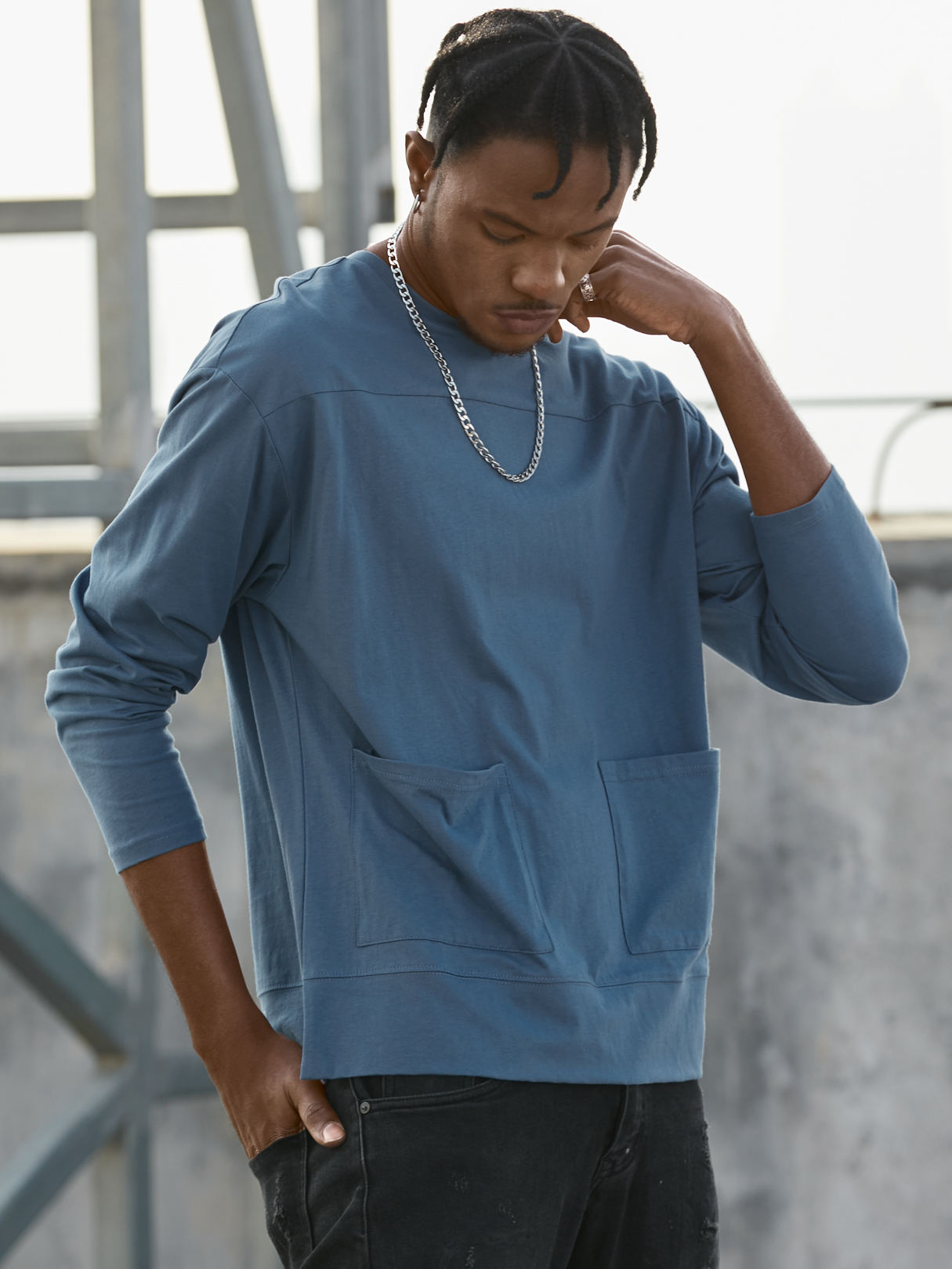 KOYYE Men Casual Plain Pocket Long Sleeve T-Shirt