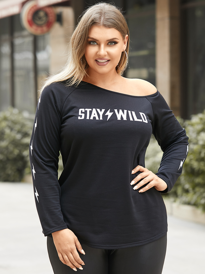YOINS Plus Size One Shoulder Letter Fluffy Knit Long Sleeves Sweater