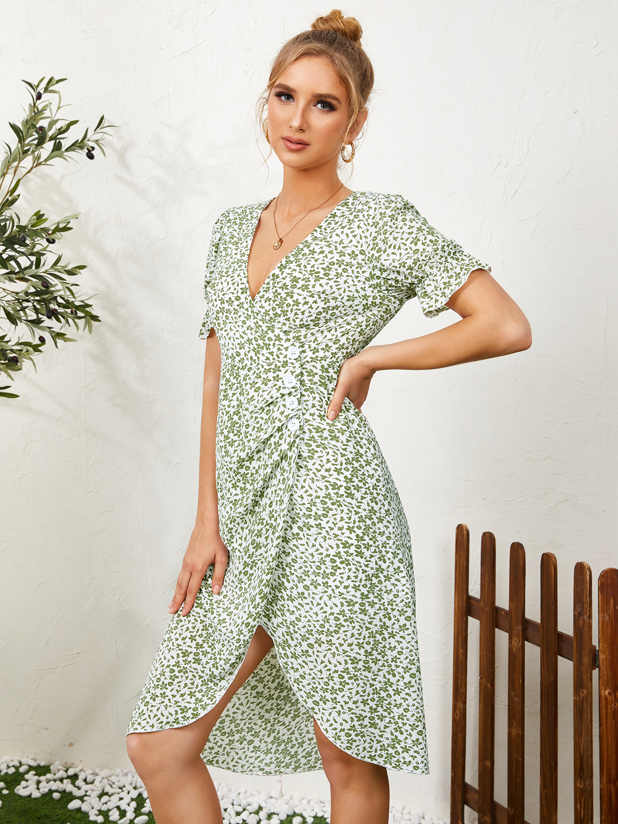 YOINS Calico V Neck Wrap Design Button Front Midi Dress