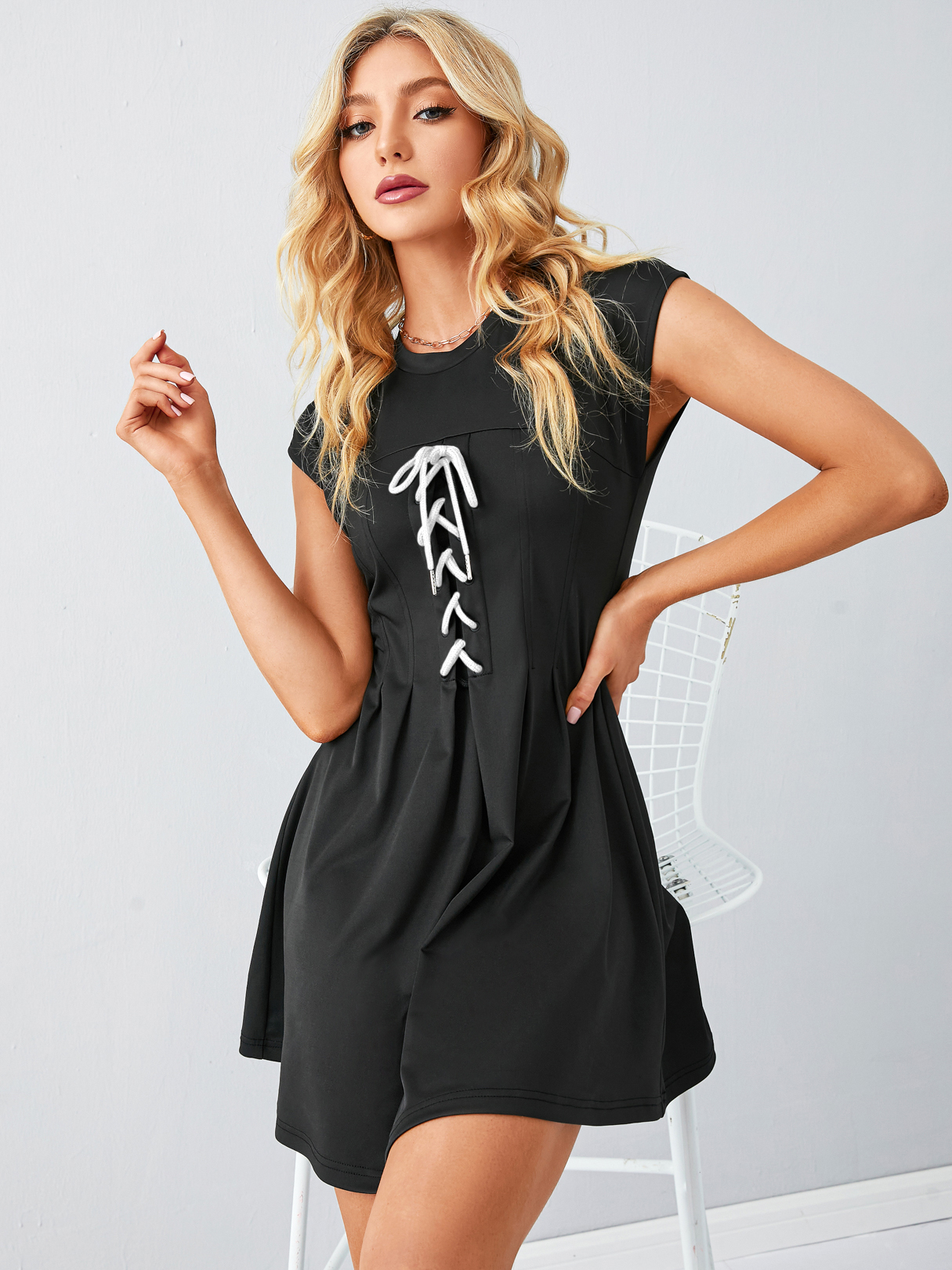 YOINS Crew neck Pleated Lace-up design Short sleeves Mini Dress