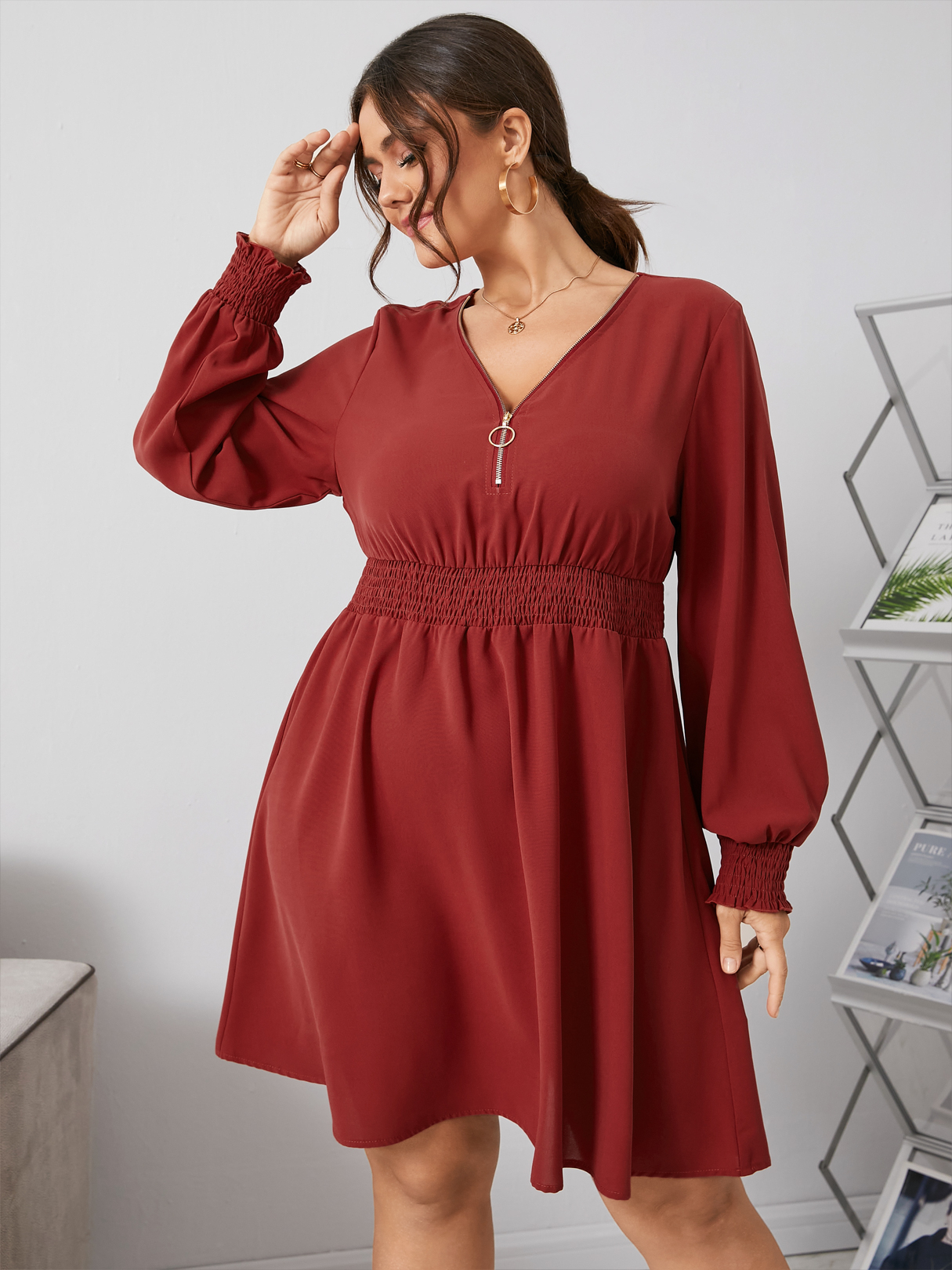 YOINS Plus Size V-neck Shirring Zip Front Long Sleeves Dress