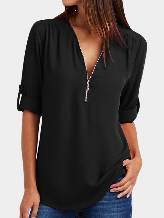 Black Zip Design V-neck Adjustable Sleeve Length Blouse