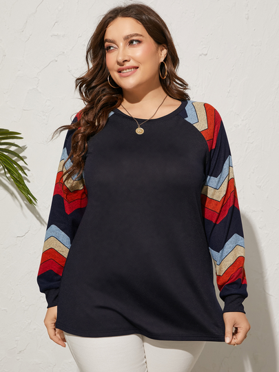 YOINS Plus Size Round Neck Wave Patchwork Design Long Sleeves Tee