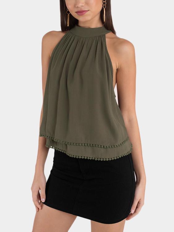 Army Green Cut Out Two Layers Design Top