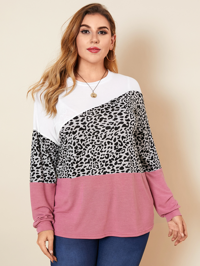 YOINS Plus Size Crew Neck Leopard Long Sleeves Sweater