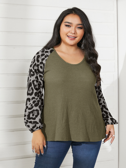 YOINS Plus Size Scoop Neck Patchwork Leopard Long Sleeves Sweater