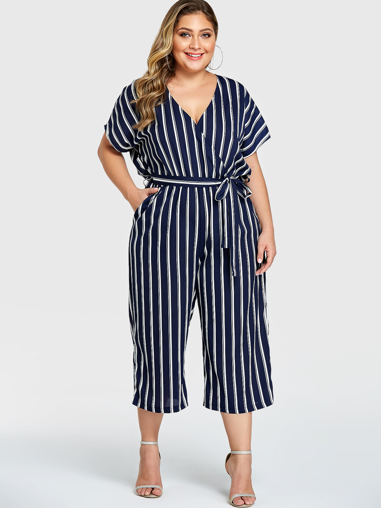 YOINS Plus Size Navy Belt Design Striped V-neck Short Sleeves Jumpsuit