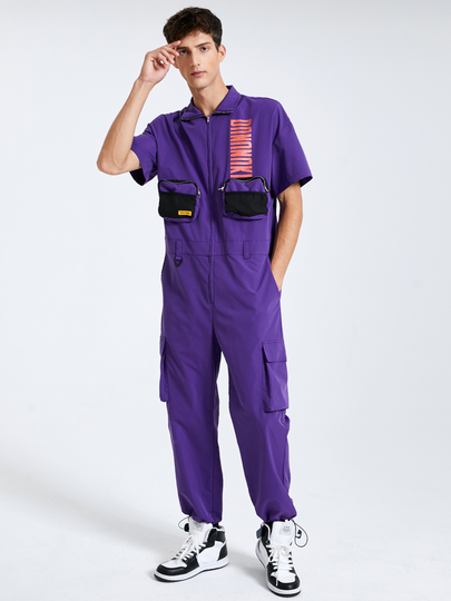 Men Hip Hop Style Letter Print Zip Front Short Sleeves Overalls Jumpsuit