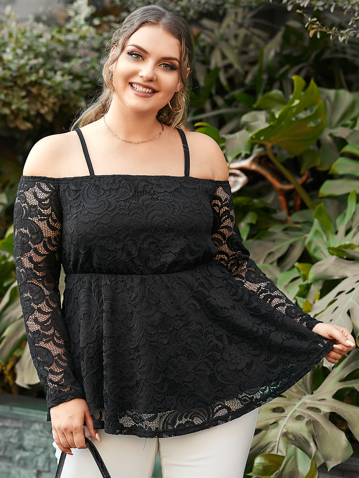 YOINS Plus Size Cold Shoulder Spaghetti Strap Lace Long Sleeves Blouse