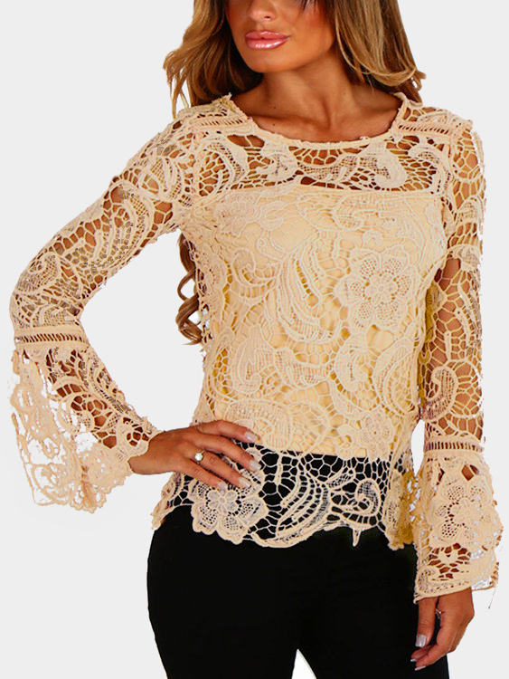 Khaki See-through Lace Round Neck Long Sleeves Sexy Top