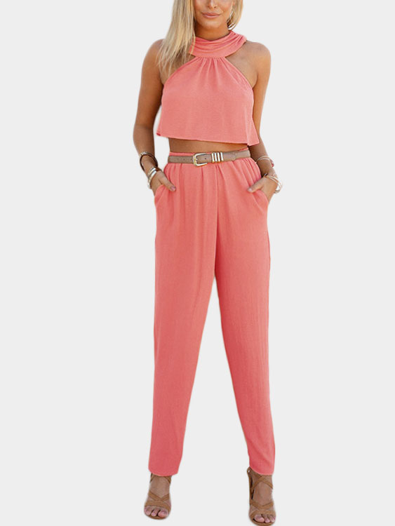 Light Red Sleeveless High Waist Halter Co-ord
