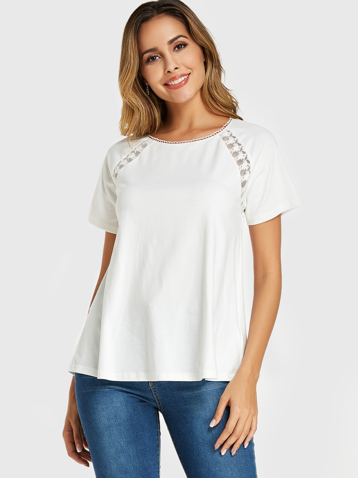 YOINS White Lace Insert Round Neck Short Sleeves Tee