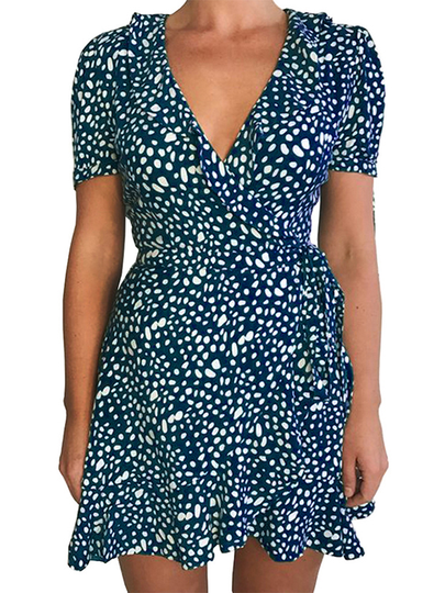 Casual Polka dot Belt Wrap design V-neck Short sleeves Dress