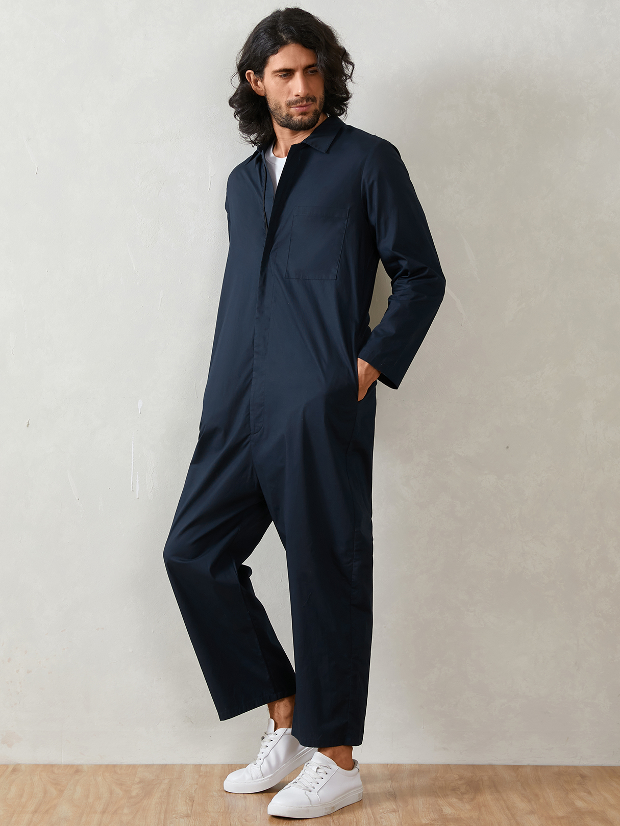 Men Japanese Retro Zip Front Long Sleeve Overalls Jumpsuit