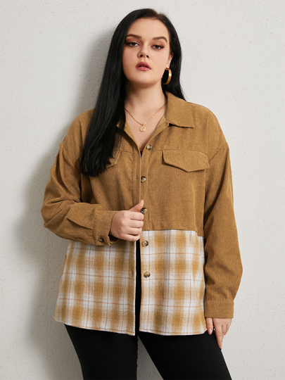 YOINS Plus Size Lapel Collar Plaid Button Design Patchwork Pocket Jacket