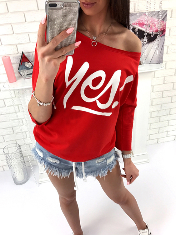 YOINS Letter Print One Shoulder Long Sleeves Tee