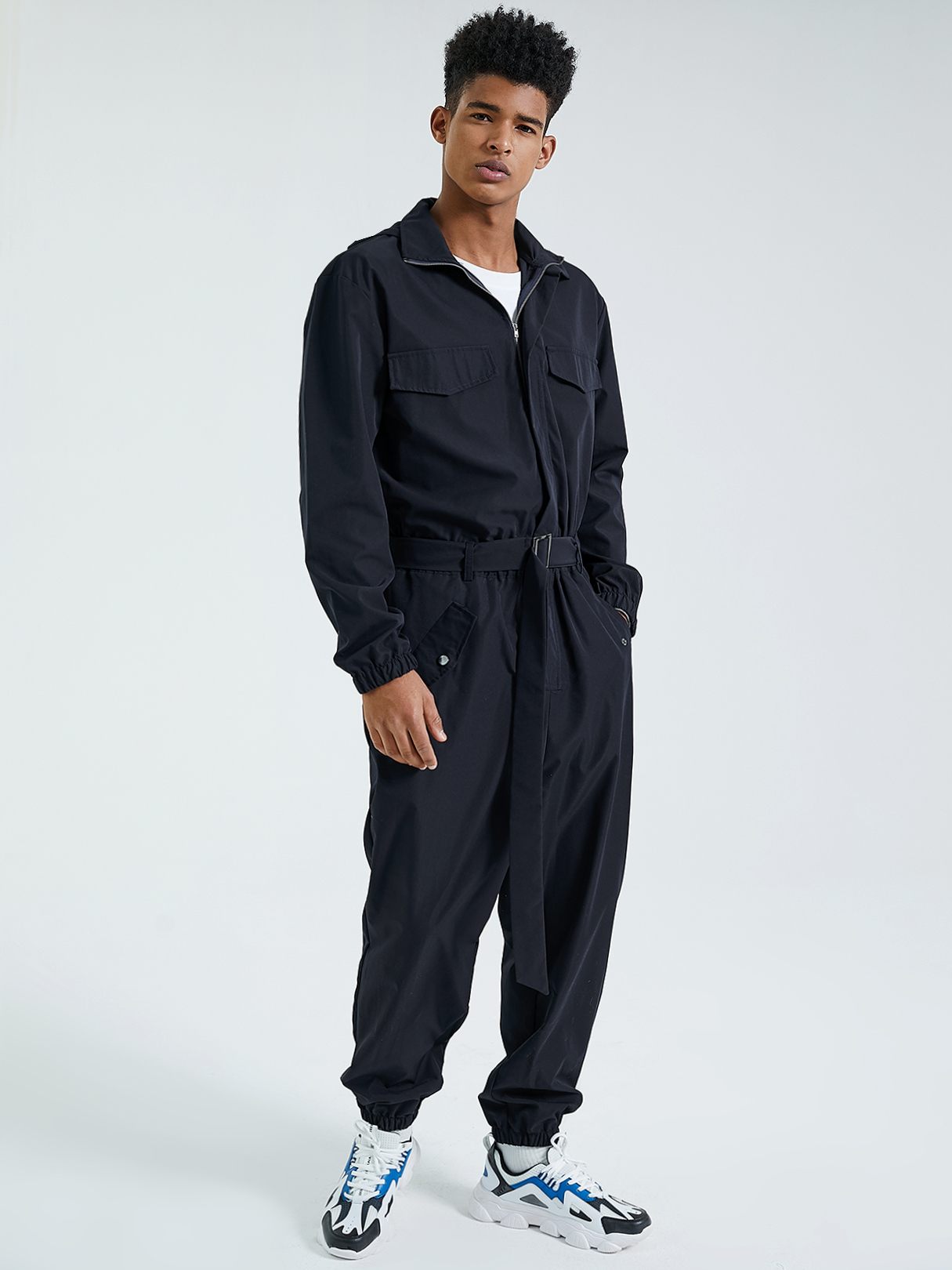 Men Fashion Casual Belted Hooded Long Sleeve Jumpsuit