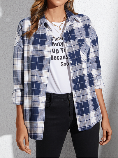 YOINS Dark Blue Plaid Classic Collar Long Sleeves Blouse
