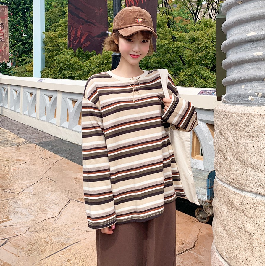 Icecream12 - Long-Sleeve Round-Neck Striped Pullover - Brown/One Size