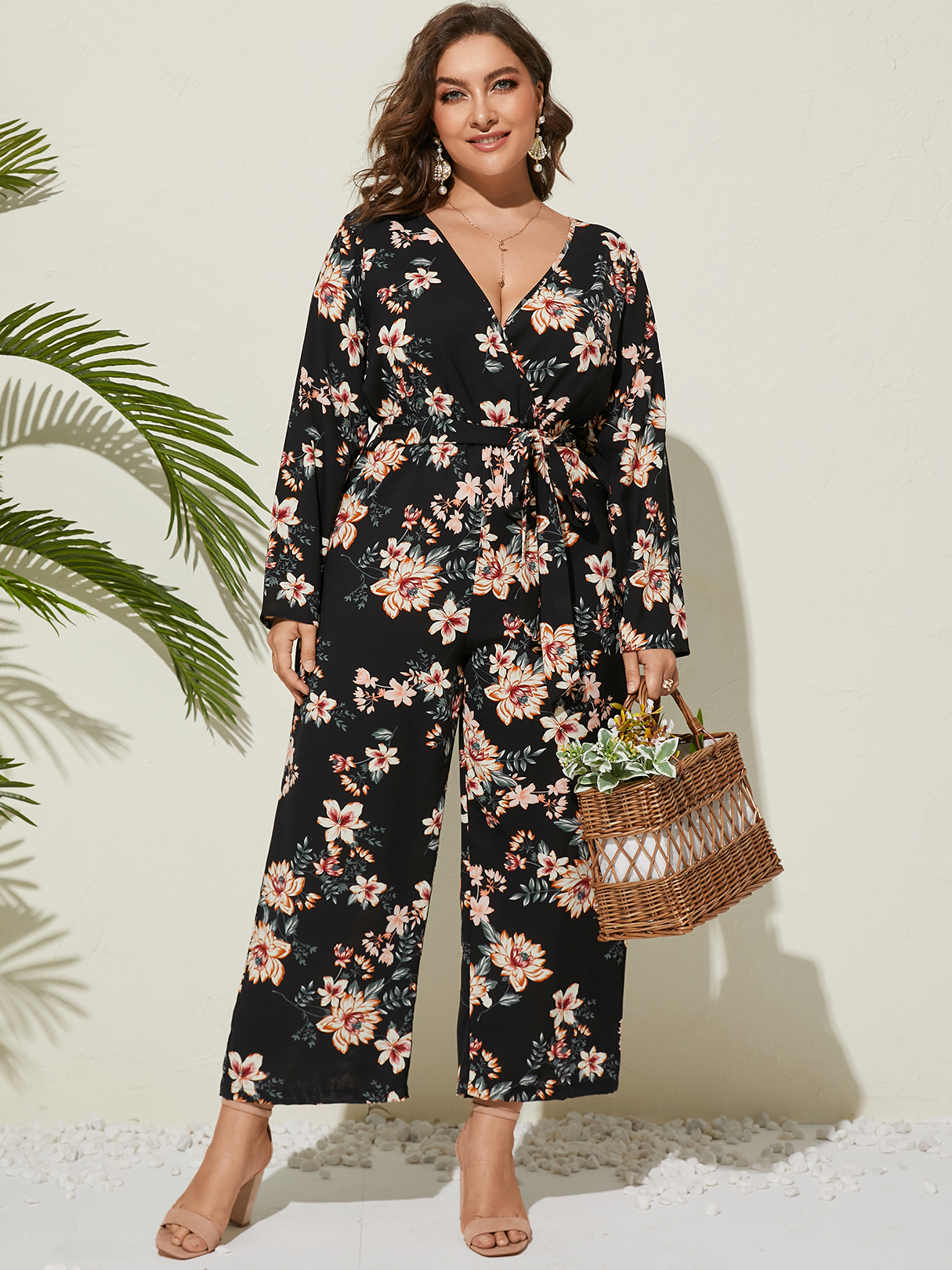YOINS Plus Size Belt Design Crossed Front Design Jumpsuit