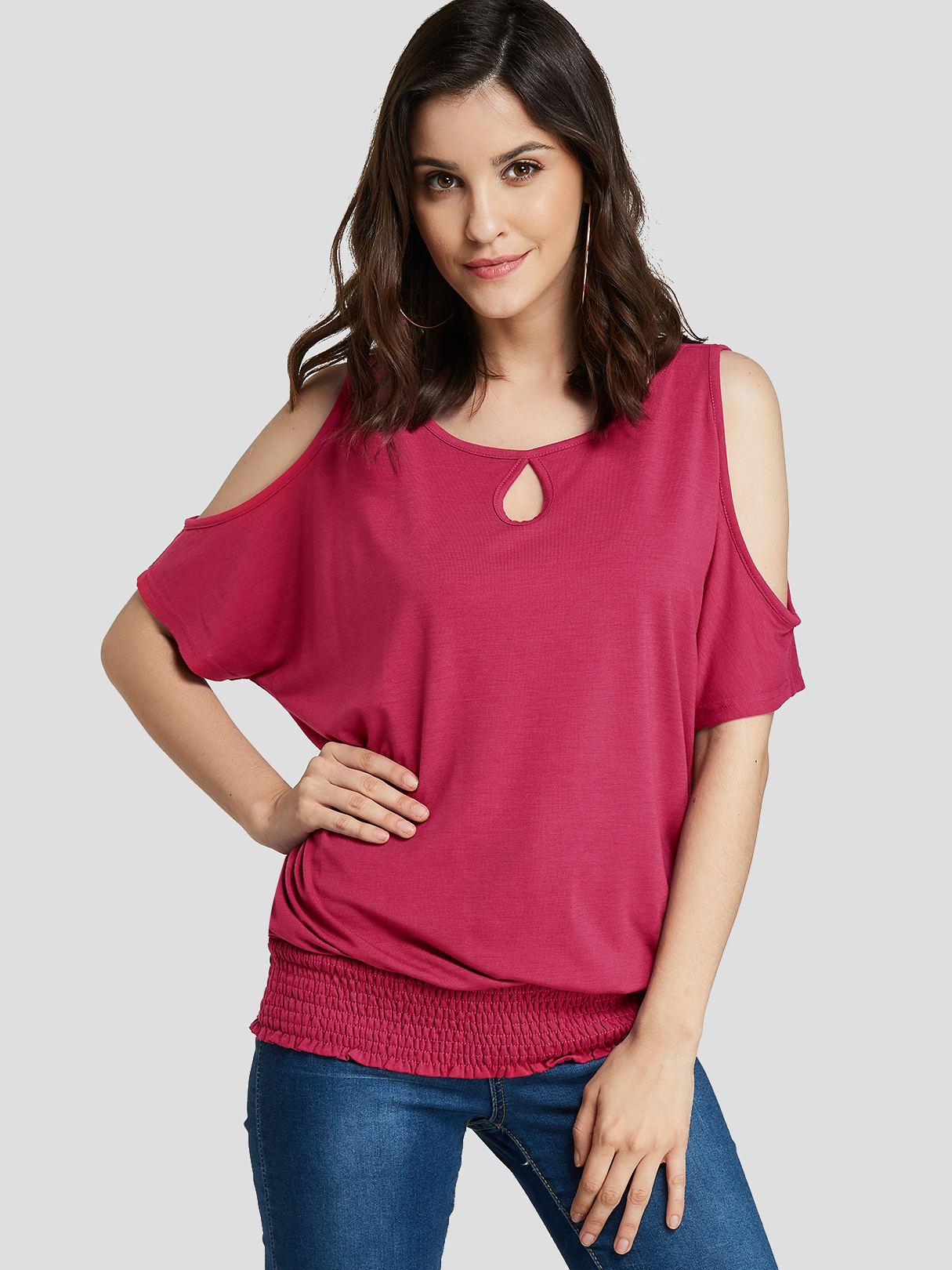 Rose Cold Shoulder Smocking hem Tee