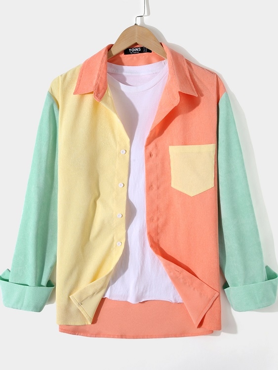 Men Corduroy Color Block Print Chest Pocket Button Front Casual Shirt