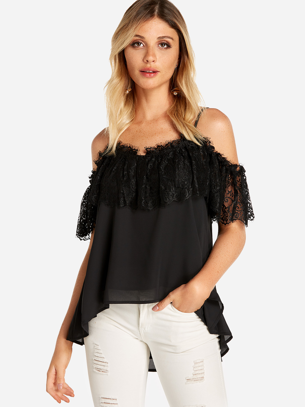 Black Adjustable Shoulder Straps Cold Shoulder Lace Insert Irregular Hem Blouses