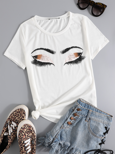 YOINS White Eyebrow & Eye Crew neck Short Sleeves Tee